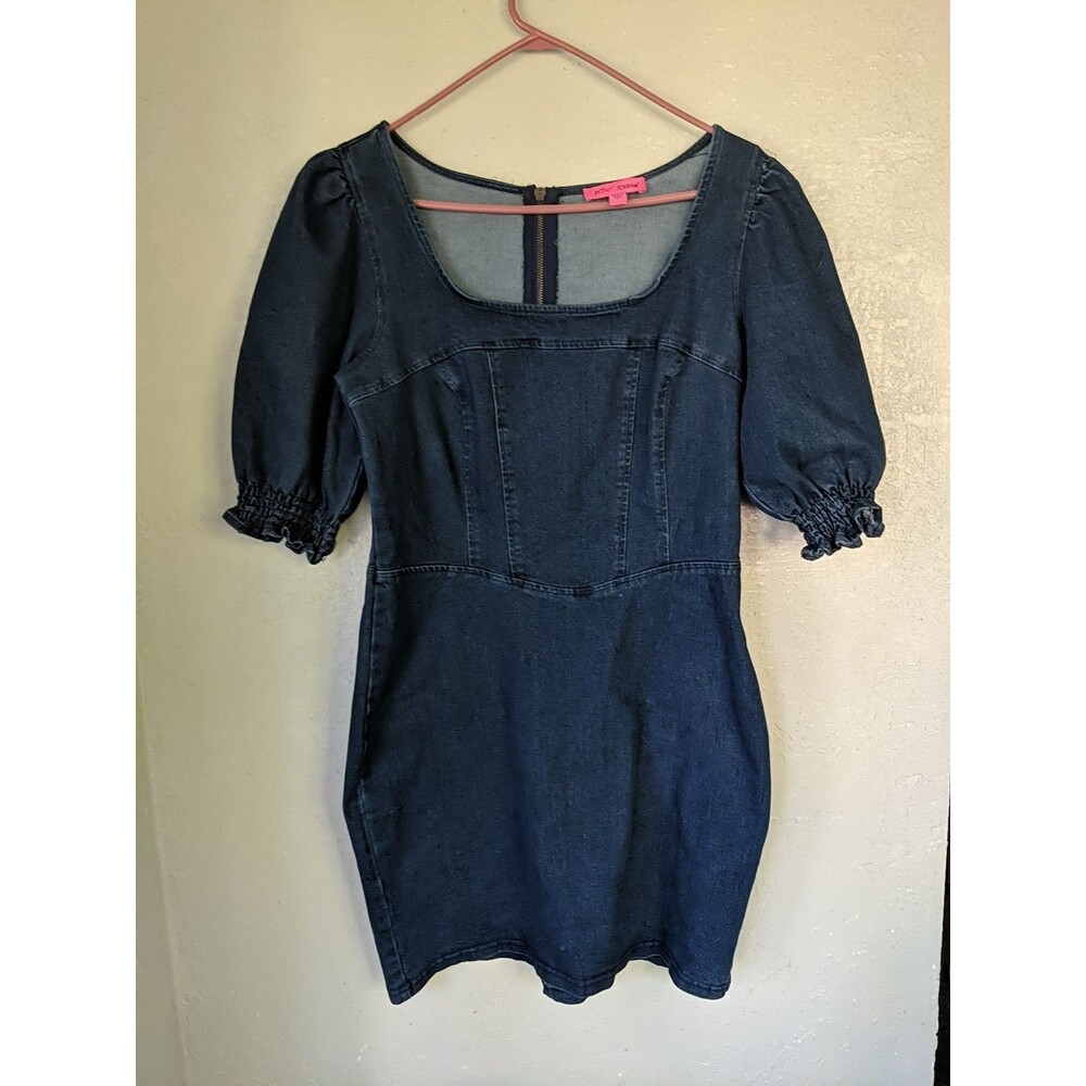 Betsey Johnson Denim Mini Dress L Puff Sleeve Stretch Indie Coquette Corset Rave